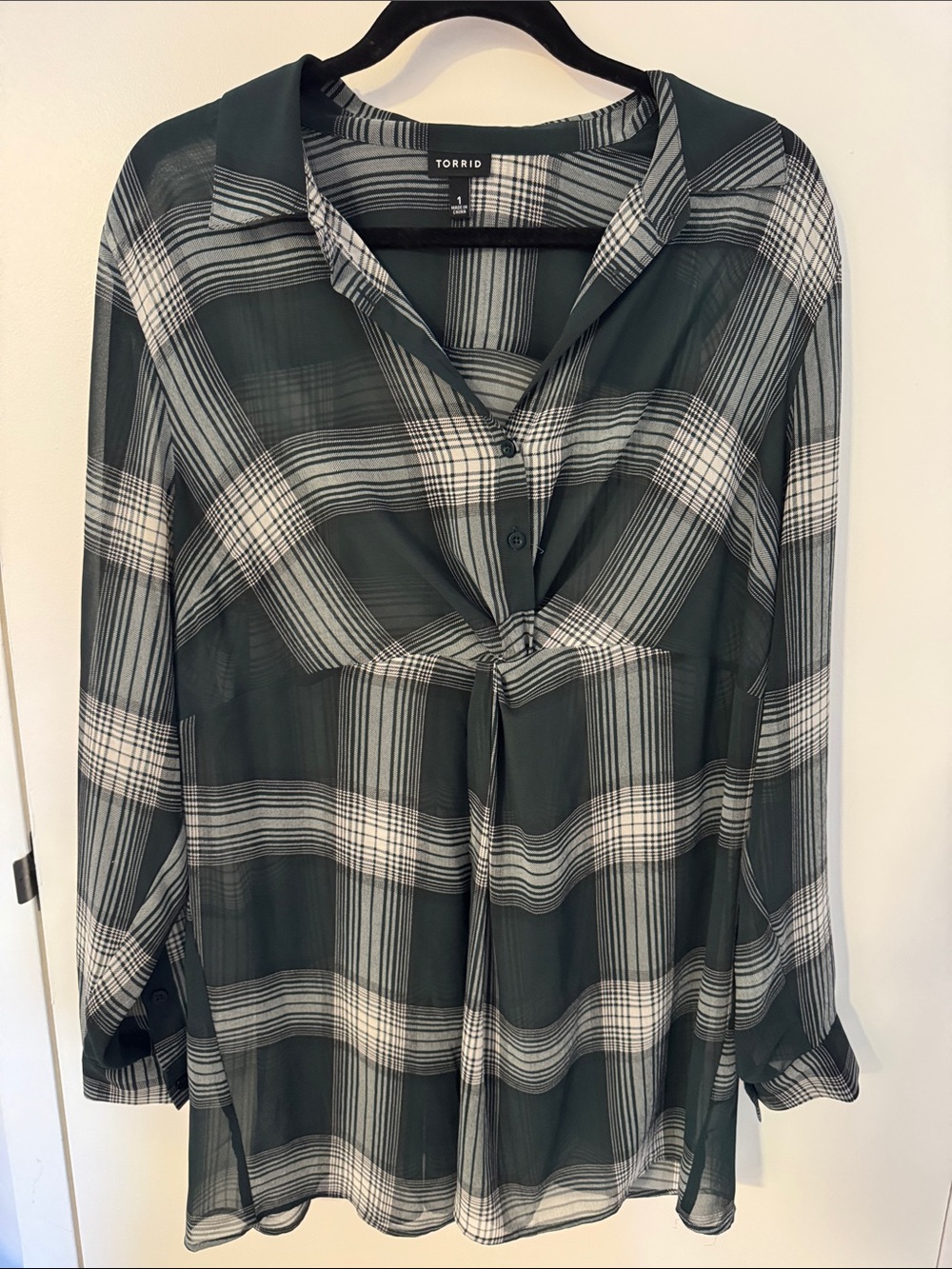 torrid Green and White Plaid Tie-Front Button Shirt